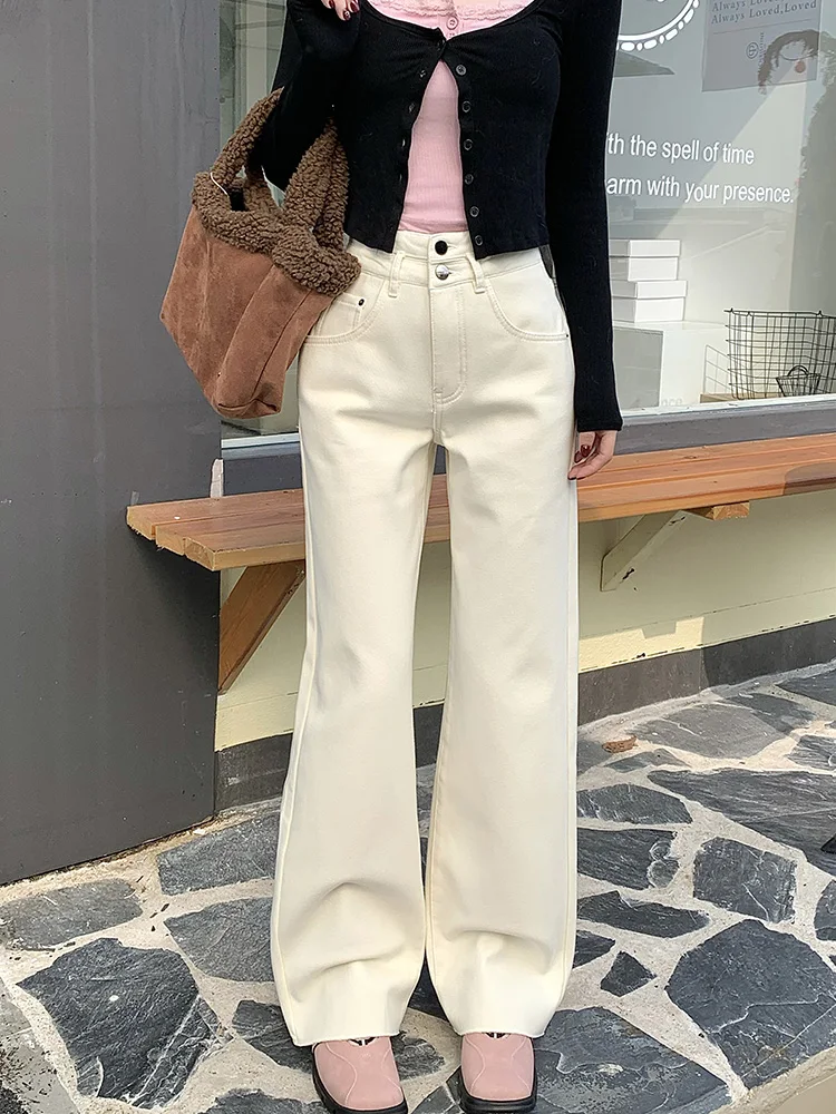 

Slergiri New Beige Straight Leg Jeans Women's Korean Fashion Vintage High Waisted Full Length Raw Hem Denim Trousers Streetwear