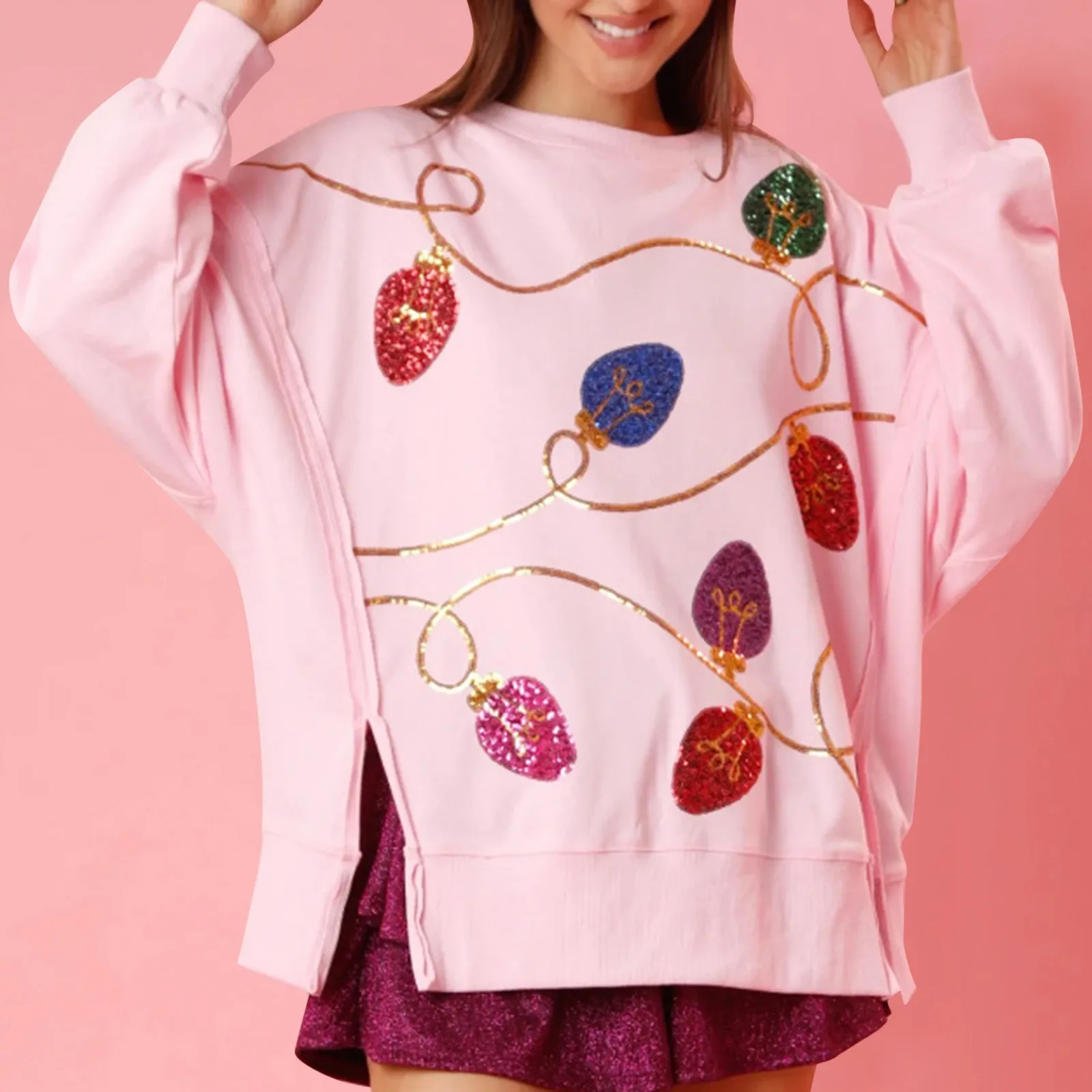 

Womens Sequin Christmas Sweatshirts Oversized Long Sleeve Crewneck Pullovers Side Slit Sparkly Glitter Shirts Jumper Tops