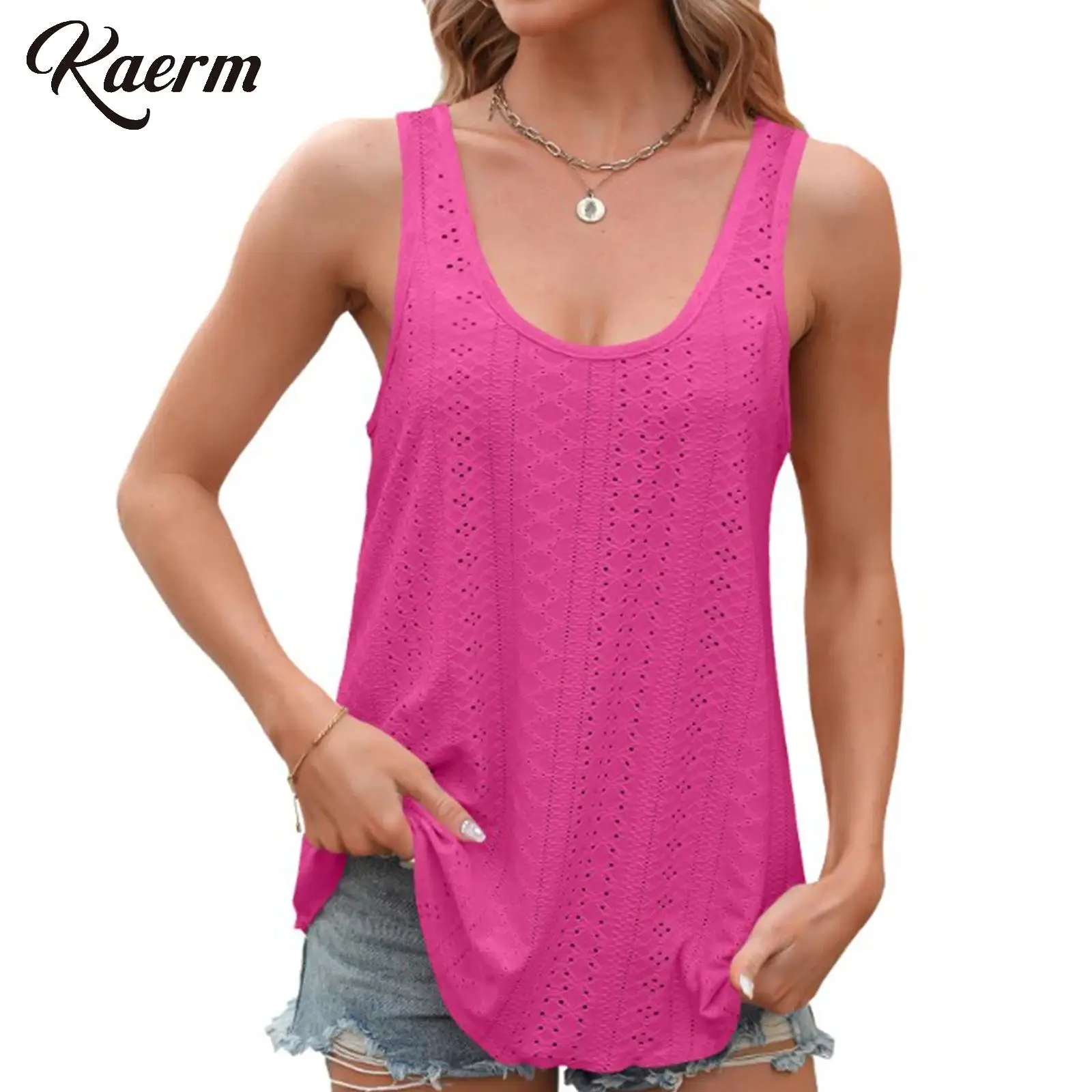

Womens Hollow Out Tank Camis Top Casual Loose Curved Hem Vest Solid Color U Neck Sleeveless Tops for Casual Outing and Vacation
