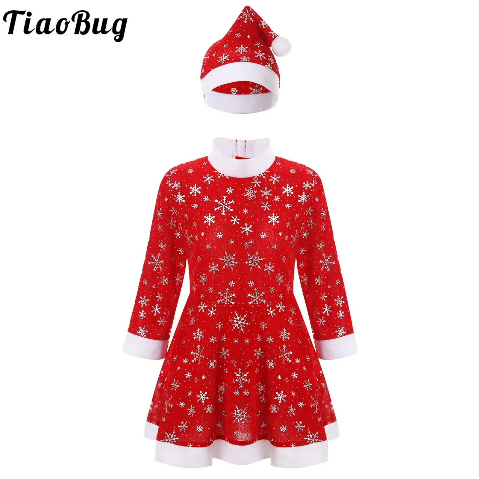 

Kids Girls Christmas Costume Xmas New Year Festival Cosplay Dress Snowflake Long Sleeve Turtleneck Santa Clause Dress with Hat