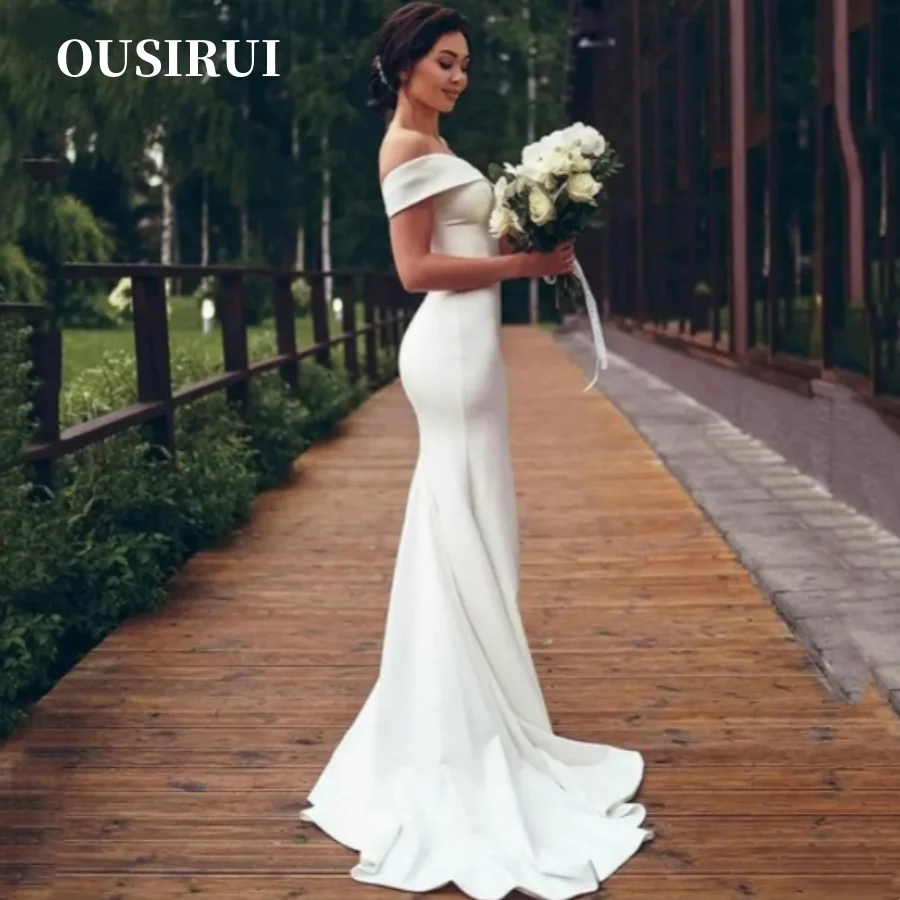 

OUSIRUI Backless Bridal Gowns Custom Made Sweep Train Elegant V-Neck Mermaid Wedding Dresses Off The Shoulder Vestidos De Novia