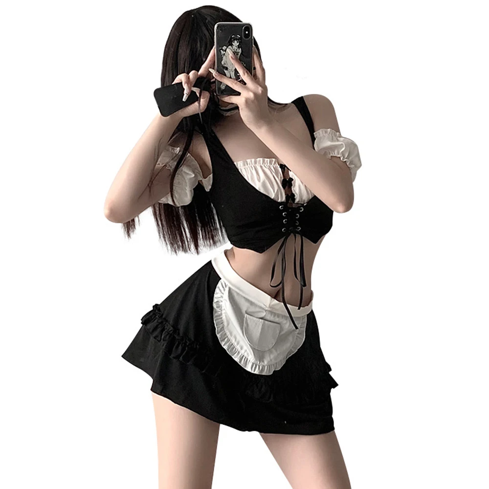 

Lolita Maid Dress Set Sexy Cosplay Servant Girl Costumes Erotic Lingerie Role Play Underwear Waitress Bra + Lace-up Vest + Skirt
