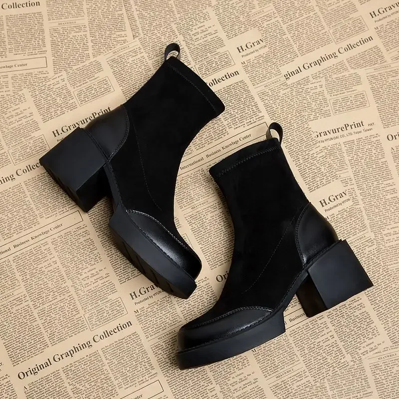 

Short Shoes for Woman Black Women's Ankle Boots Sock Footwear Combat Booties Very High Heels Suede Punk Style Heeled Autumn Boot