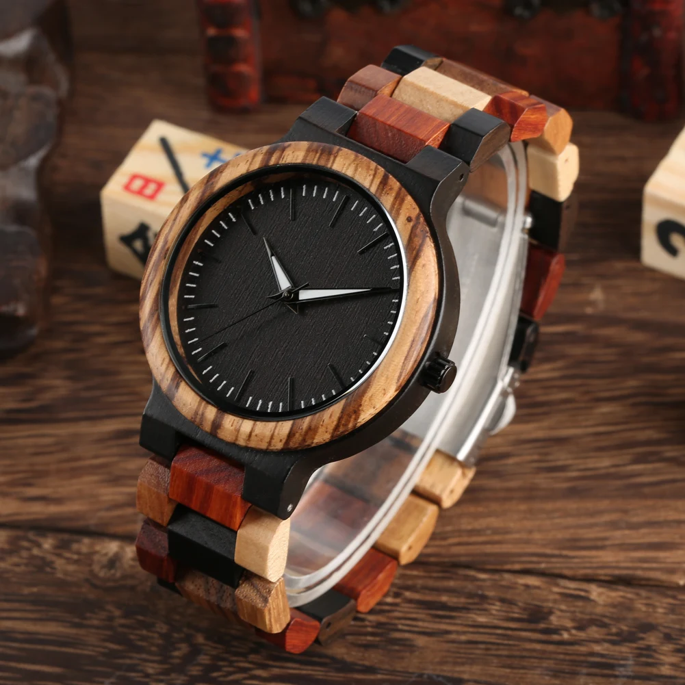 

Men's Full Wooden Watch Colorful Wood Bracelet Wristband Folding Clasp Quartz Analog Minimalist Round Dial Male Wristwatch Gift