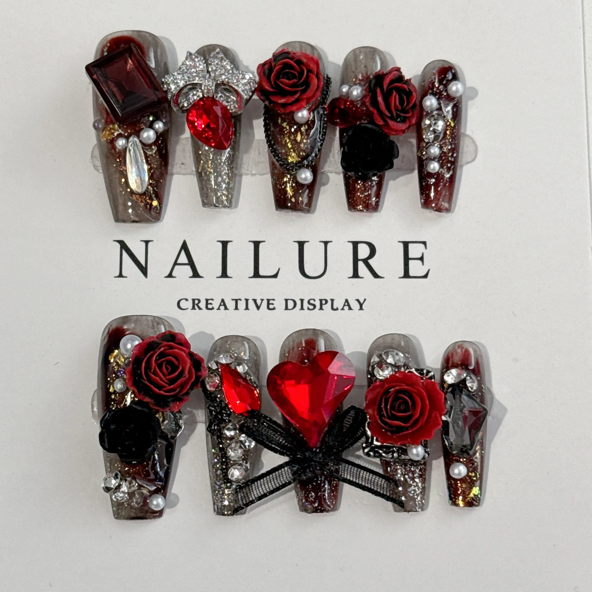 

Black and Red Rose Nourishing Light Luxury Heavy Industry Full Diamond Bow Nail Patch Finished Product