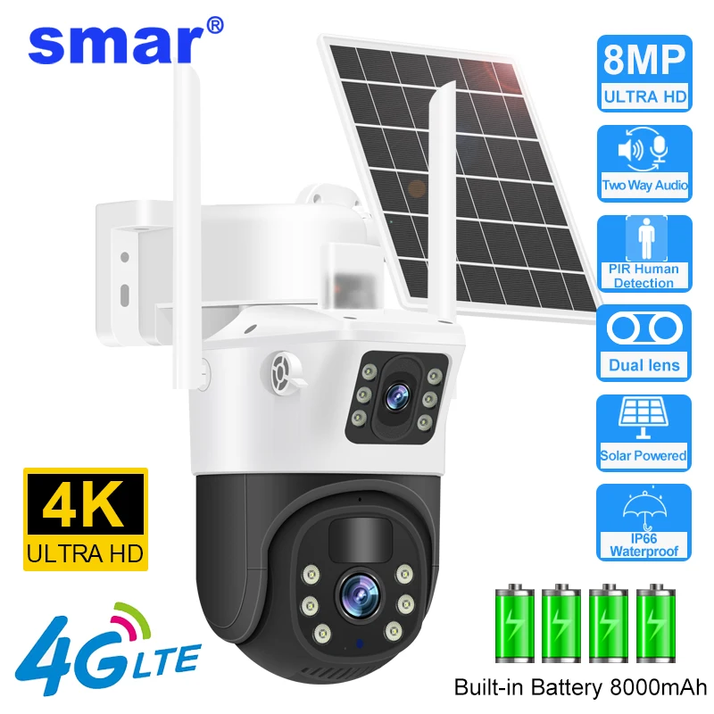 Камера Наружного видеонаблюдения Smar4K HD на солнечной батарее, камера с SIM-картой и двойным объективом, 5-кратный зоопарк, PTZ, охранная камера с пассивным ИК датчиком присутствия, камера видеонаблюдения
Камера Наружного видеонаблюдения Smar4K HD на солнечной батарее, камера с SIM-картой и двойным объективом, 5-кратный зоопарк, PTZ, охранная камера с пассивным ИК датчиком присутствия, камера видеонаблюдения
