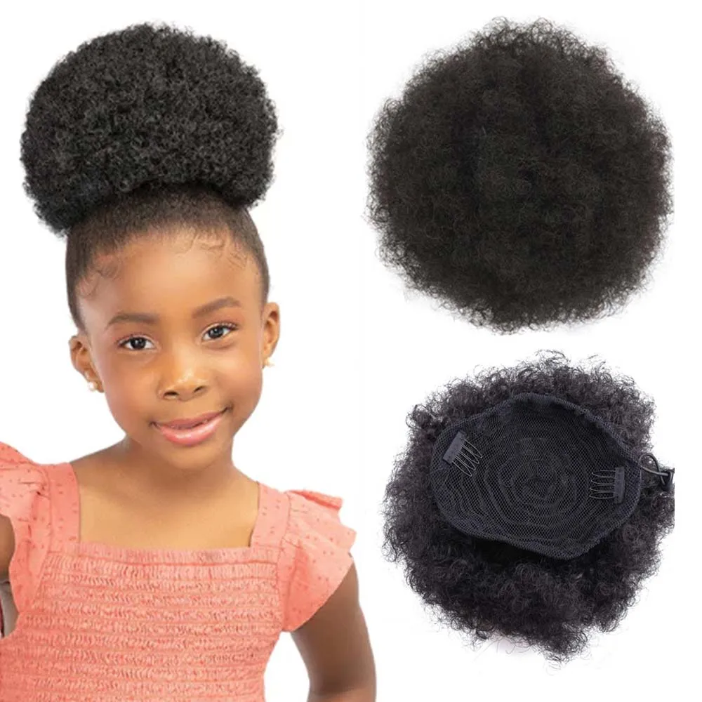 

Synthetic Short Afro Puff Hair Bun Drawstring Ponytail Hairpieces Kinky Curly Chignon Pony Tail Hair Extensions for Kids