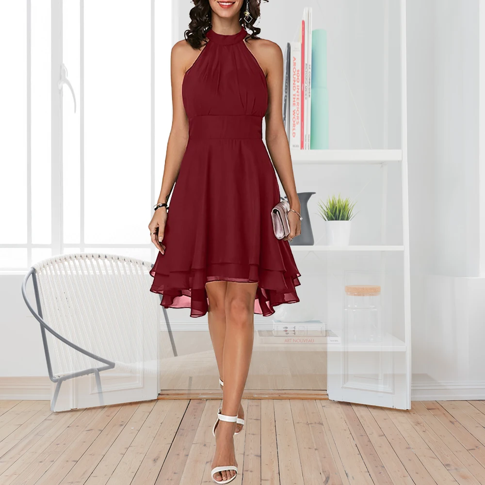 

A-Line Flirty Empire Engagement Cocktail Party Dress Halter Neck Sleeveless Knee Length Chiffon with Sleek Tier