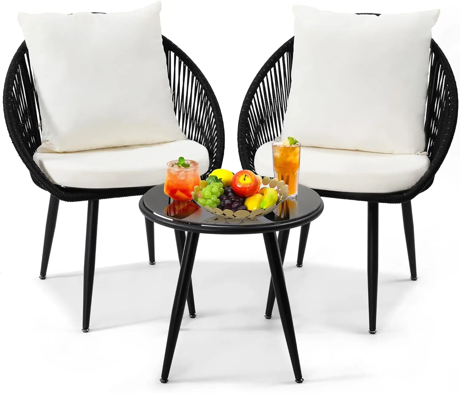 3 Pieces Bistro Set, Woven Rope Chair with Cushions, All Weather Patio Conversation Set and Side Table, Ideal for Deck
3 Pieces Bistro Set, Woven Rope Chair with Cushions, All Weather Patio Conversation Set and Side Table, Ideal for Deck