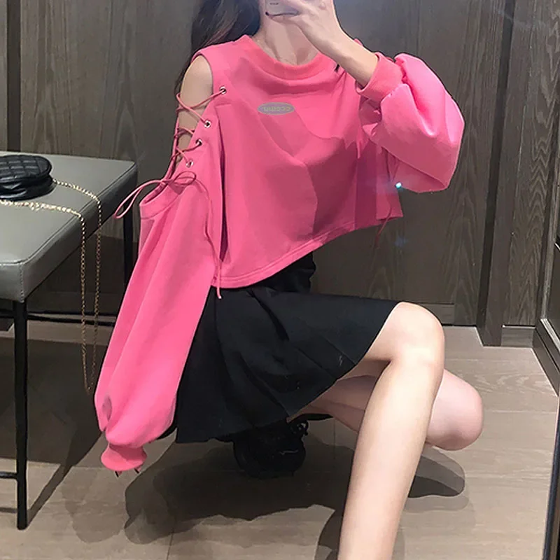 

Harajuku Ladies Solid Loose Sexy Hollow Out T-shirts Indie 2021 Fall Women Korean Long Sleeve Pink Cropped Tops Y2k Hot Tshirts