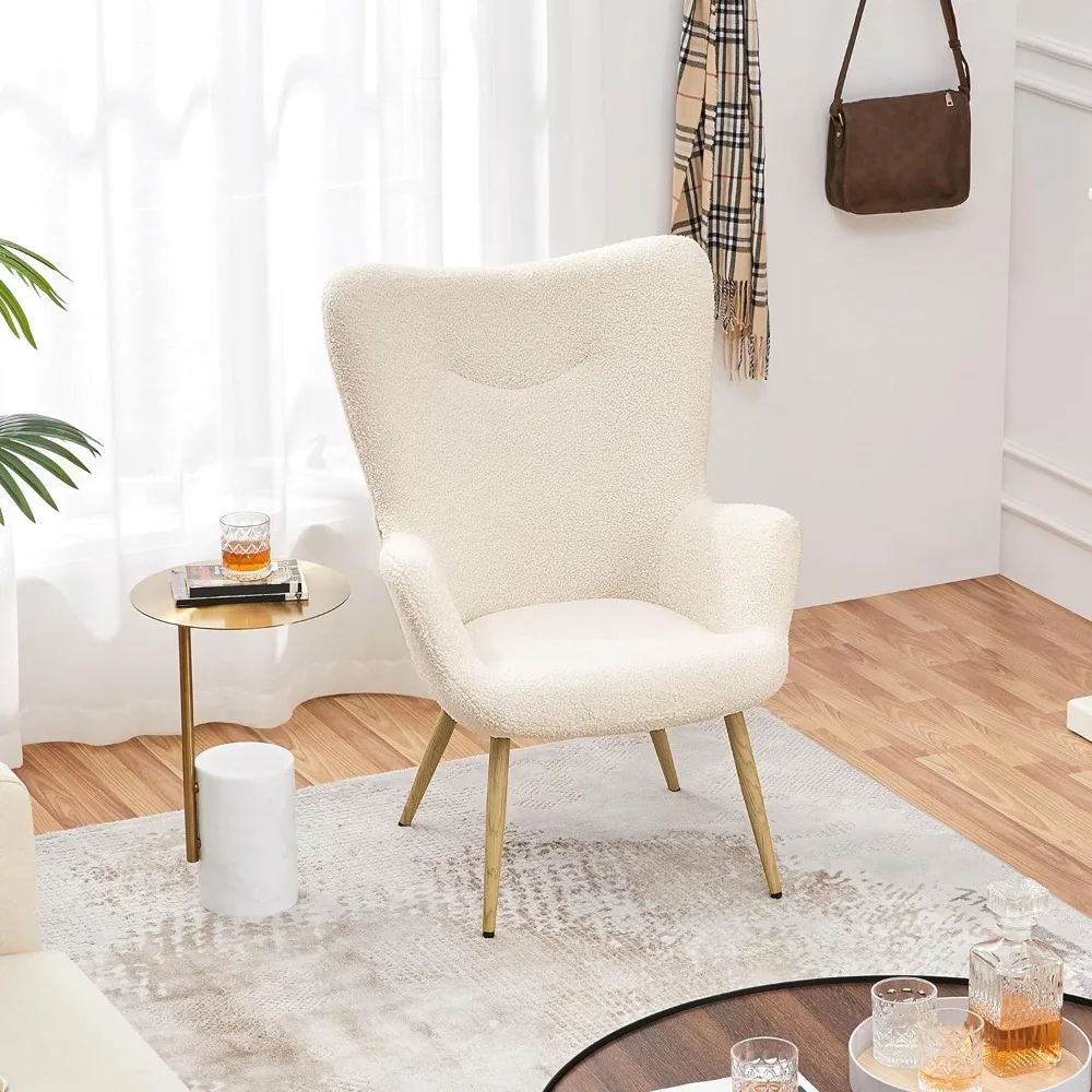 

Boucle Vanity Chair, Modern Fluffy Accent Chair, Armchair with High Back and Wood-Tone Metal Legs, Downy Barrel Chair Soft