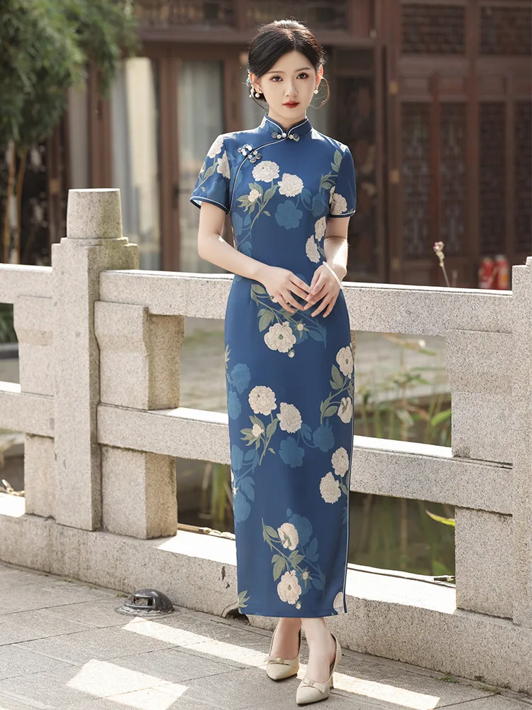 

Vintage Long Cheongsam Women Sexy Slim Split Qipao Classic Chinese Traditional Dress Print Flower Evening Party Dress