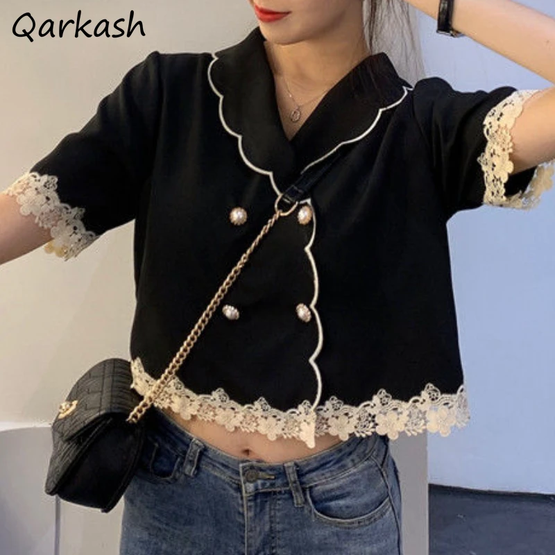 

Lace T-shirts Women Panelled Aesthetic Summer Baggy Crop Tops Sexy Lady Daily Knitted Casual Soft Streetwear Ootd Basics Clothes