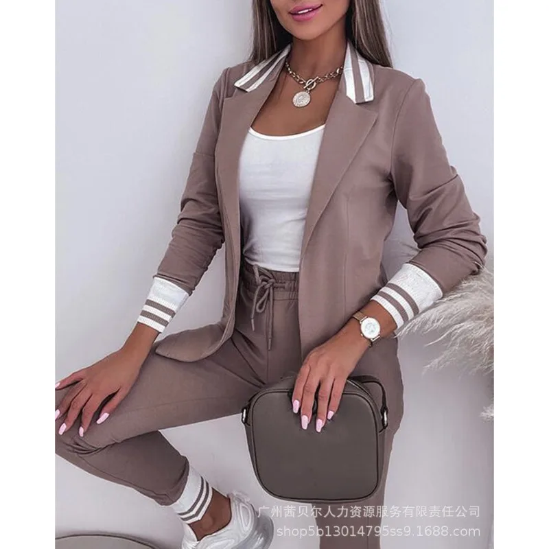 2023 Autumn Winter New Women's Striped Long Sleeve Suit Coat Drawstring Trousers Casual Suit Casual All-Matching 
2023 Autumn Winter New Women's Striped Long Sleeve Suit Coat Drawstring Trousers Casual Suit Casual All-Matching