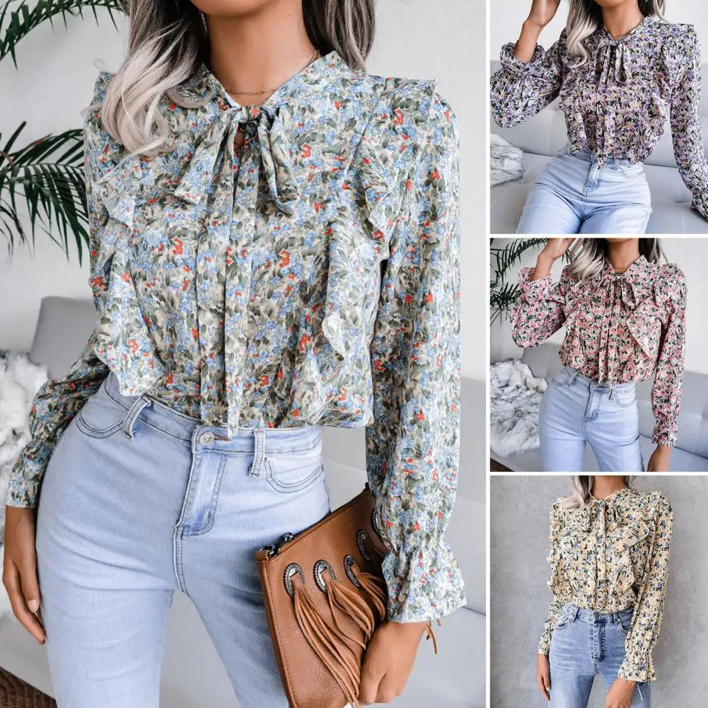 

3XL Floral Top Blouse Long Sleeves Bow Tied Collar Autumn Shirt Floral Print Ruffle Stitching Chiffon Tops Female Clothing