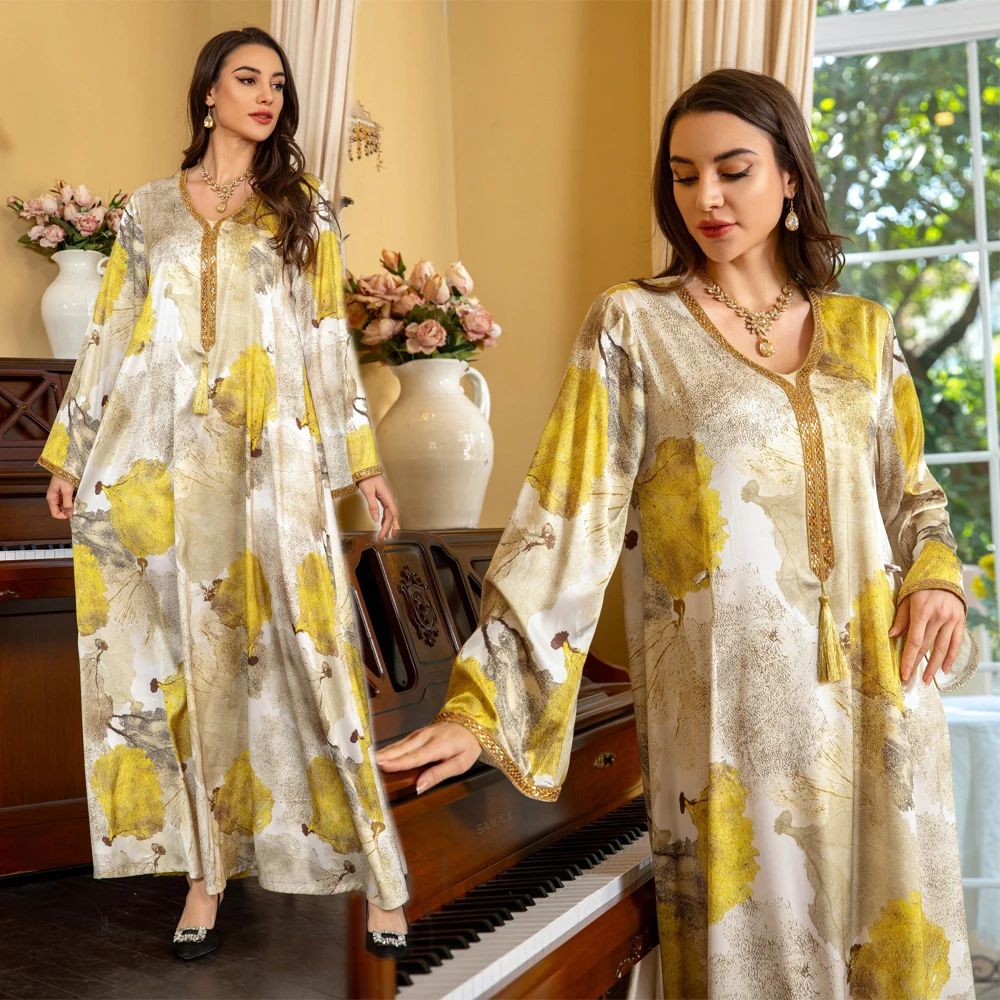 

Yellow Big Leaf Floral Printed Abaya Robe Eid Arab Muslim Loose Dress Women Diamonds V-neck Gown Tassel Jalabiya Long Kaftan