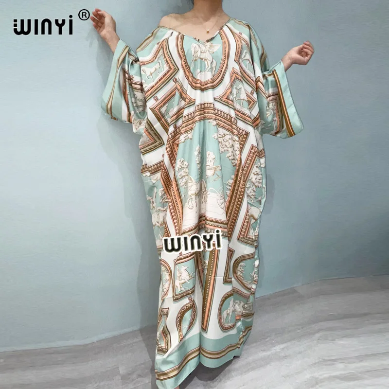 

WINYI 2021 Long Length Dress Women sukienka Print Vacation robe Batwing slash Collar Over Size Elegant New Fashion Tide