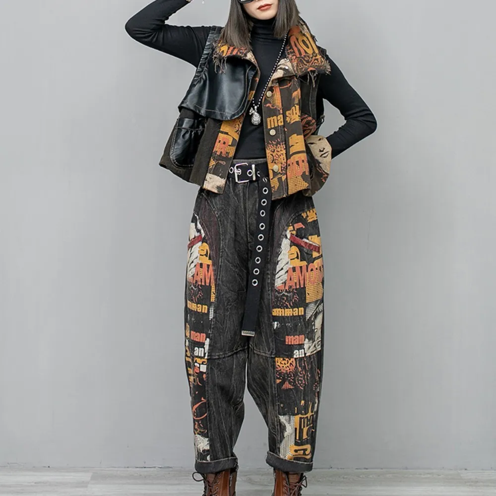 

2024 Spring Summer New Trendy Cool Personality Distressed Printed Denim Patchwork Vest + Harem Pants Two-piece Set Women LX746