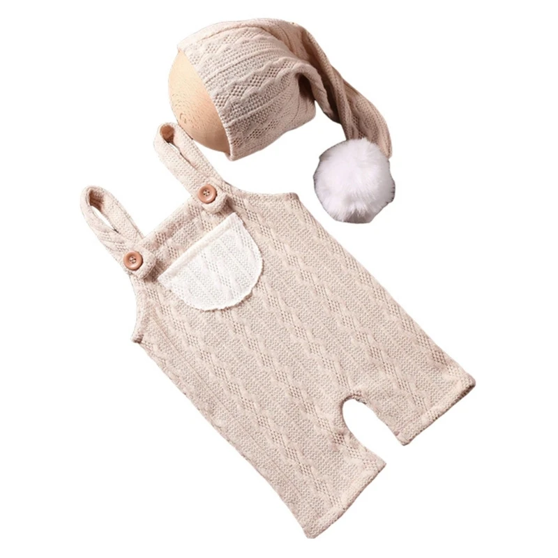 

YYDS Photography Props for Baby Boy Girls Knit Suspenders Jumpsuit Long Tail Hat Photo Suit Newborn Costume Photo Accessories
