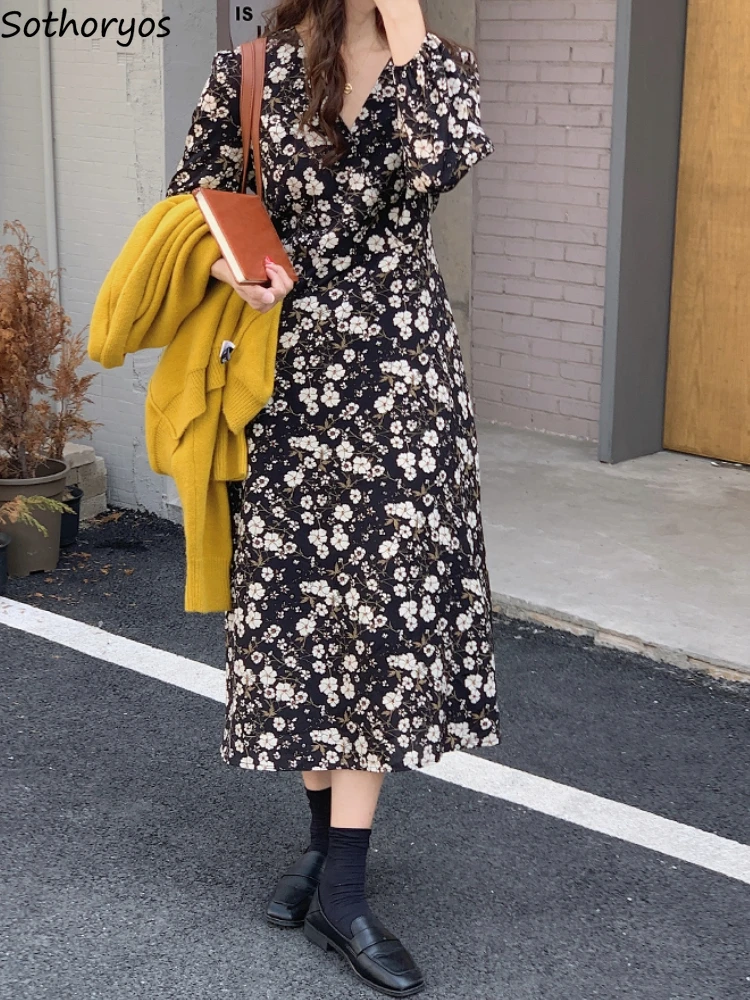 

Retro Dresses Women Design Floral Temperament V-neck Tender Stylish Long-sleeve Spring Vestidos Midi Korean Style Ladies Empire