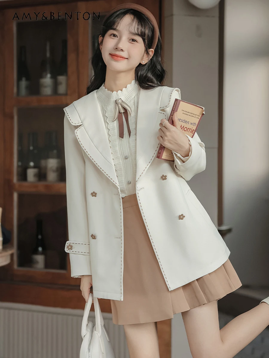 

Spring Autumn Preppy Style Sailor Collar Double Breasted Coat Women High Sense Graceful Fashion Embroidery Loose Slim Jackets