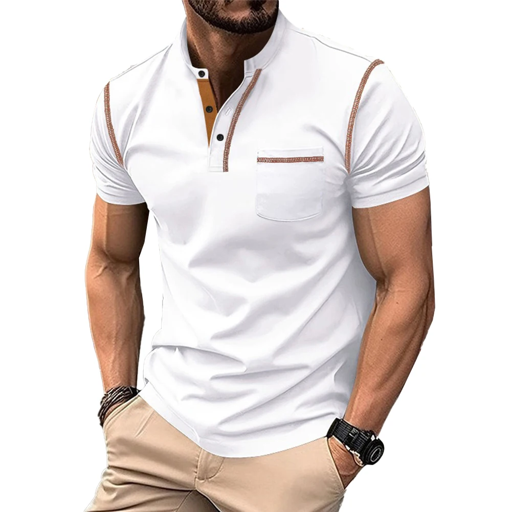 

Недорогая брендовая Новая модная мужская футболка, летняя футболка, повседневный топ из полиэстера с коротким рукавом и воротником-стойкой