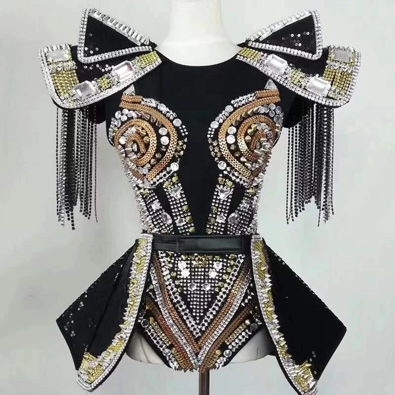 

Crystals Stones Bodysuit Skirt Nightclub Dancer Sequins Dance Outfit Bar Female DJ DS Stage Gogo Costumes Singer Show Armor