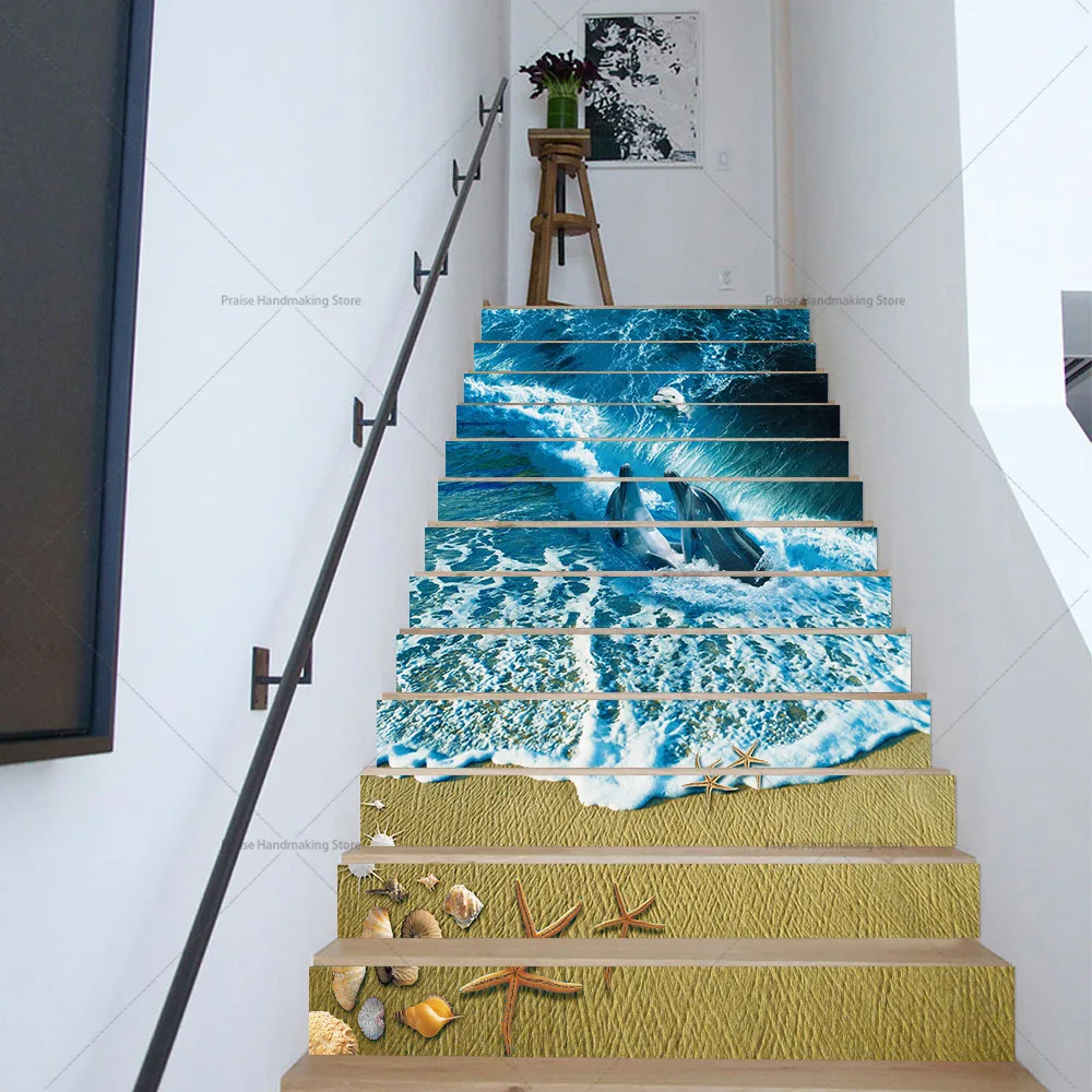 

13pcs Beach Whale Stair Stickers Self-adhesive Waterproof and Anti-fouling Mural Stair Step Renovation Decorative Floor Stickers