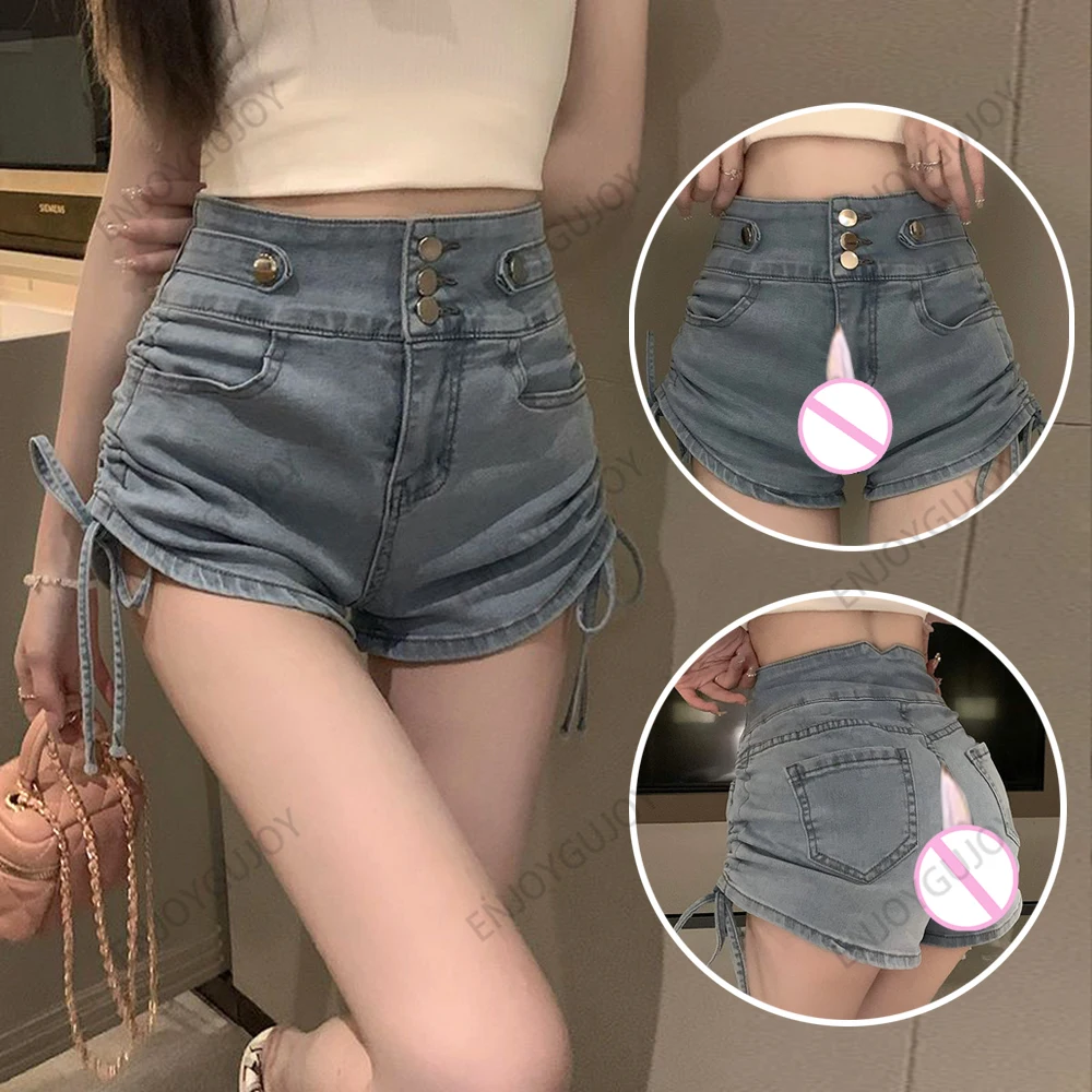 

Drawstring Denim Shorts Women Hot Pants Invisible Open Crotch Outdoor Sex Spicy Girl High Waist Slimming Wide Leg Trousers
