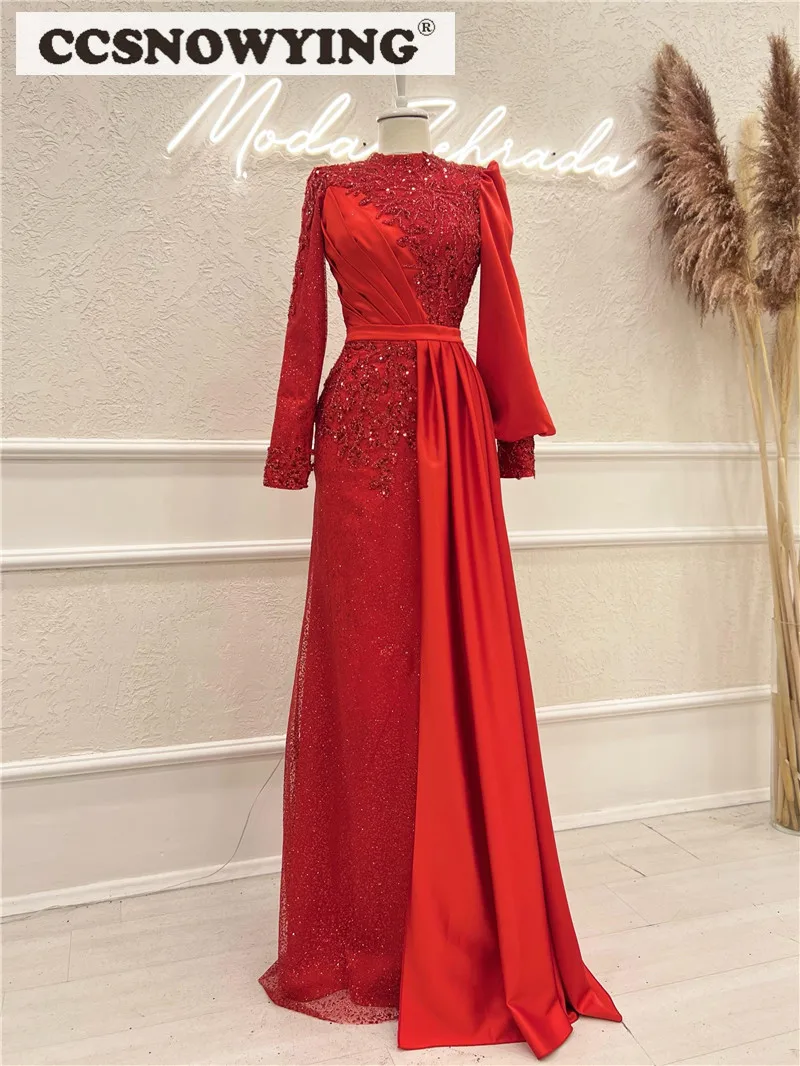 Red Satin Seuqin Appliqus Muslim Evening Dresses Long Sleeve Hijab Islamic Formal Party Gowns Arabic Dubai Women Robes De Soirée
Red Satin Seuqin Appliqus Muslim Evening Dresses Long Sleeve Hijab Islamic Formal Party Gowns Arabic Dubai Women Robes De Soirée