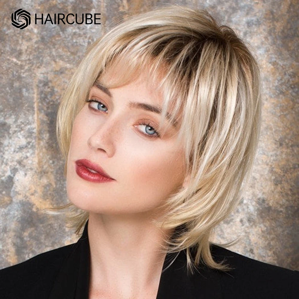 

Short Layered Blonde Wig Straight Bob Synthetic Blend Human Hair Wigs with Bangs for Women Daily/Cosplay Use Heat Resistant Hair