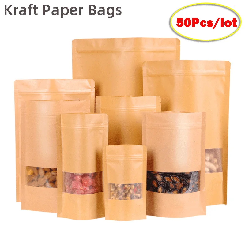 50pcs Kraft Paper Bags Zip Lock Brown With Window Stand Up Resealable Grip Ziplock Pouches Tea Coffee Bean Candy Packaging Food
50pcs Kraft Paper Bags Zip Lock Brown With Window Stand Up Resealable Grip Ziplock Pouches Tea Coffee Bean Candy Packaging Food