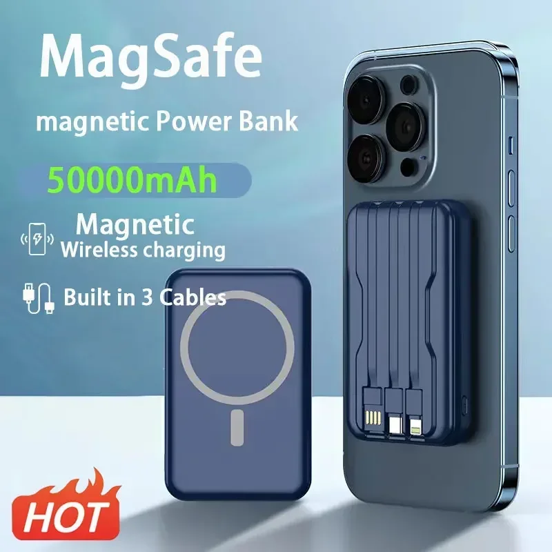 

Беспроводное магнитное портативное зарядное устройство 50000 мА портативное зарядное устройство Type C быстрое зарядное устройство Встроенный кабель для iPhone 14 13 Xiaomi аккумулятор