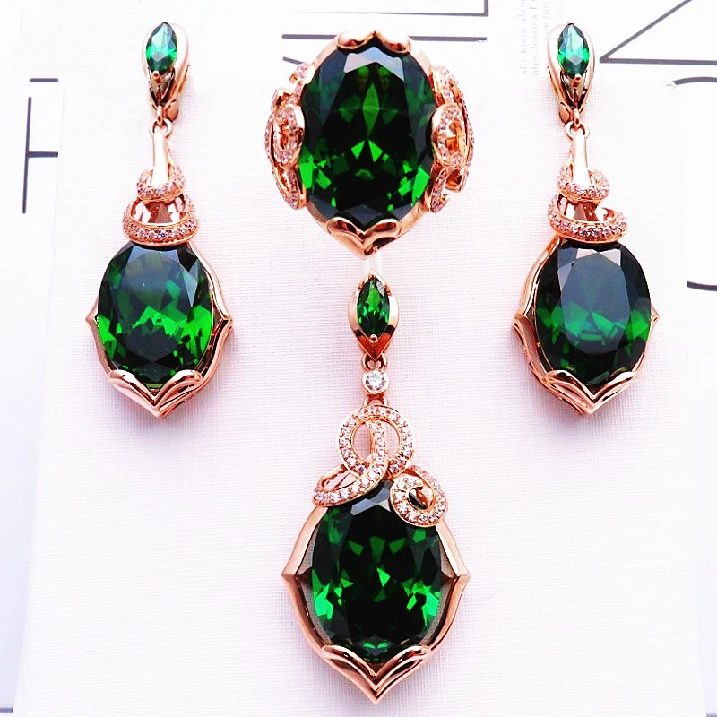 

585 purple gold jewelry set plated 14K rose gold fashion luxury inlaid emerald earrings for women exquisite wedding necklace