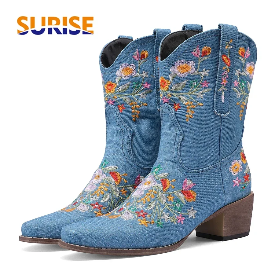 

Western Cowboy Sewing Flower Mid-calf Boots for Women Blue Black Embroidery Denim Pointed Toe High Block Heel Cowgirl Half Boots