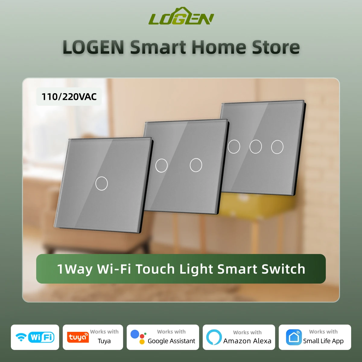 

EU WiFi Grey Smart Light Switch 220V Switch 1/2/3Gang 1Way Tuya App Compatible Alexa Google Tempered Glass Panel Blue Backlight