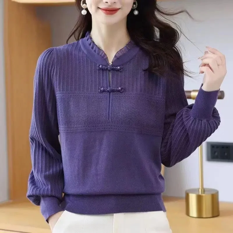 

Women's Pullover Solid Ruffles Knit 2023 Autumn and Winter Women's Clothing Vintage Cheongsam Collar Long Sleeve Fashion Sweater