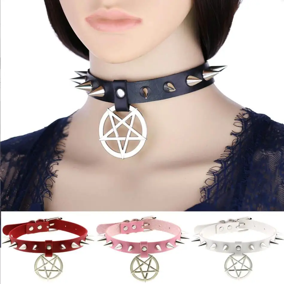 

Punk Gothic Belt Choker Necklaces for Women Collar Rivet Black Pu Leather Goth Pentagram Necklace Star Cosplay Jewelry S2994