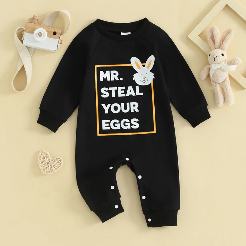 

Infant Baby Boy Girl Easter Jumpsuit Long Sleeve Crewneck Letter Print Romper Playsuit Spring Summer Clothes