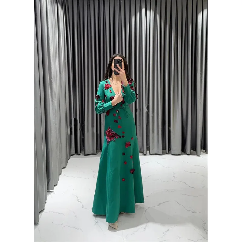 

Saudi Arabia Elegant Prom Dress Satin Applique Cocktail Party Dress A-line V-neck Long Sleeve Bespoke Occasion Gown