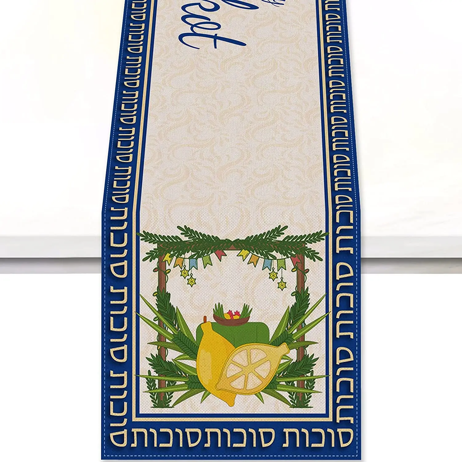 

Happy Sukkot Linen Table Runner Jewish Holiday Table Decorations Citron Willow Branches Dining Table Runners Kitchen Party Decor