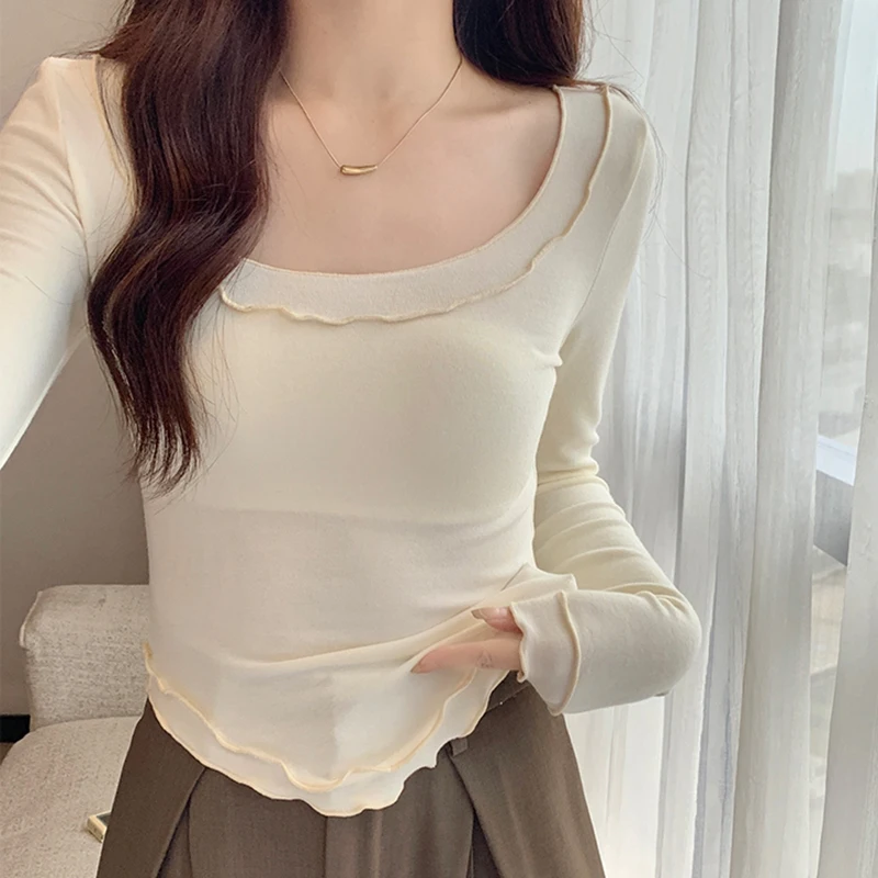 

Ruffles O-Neck Tshirt Women Long Sleeve T Shirt Crop Tops 2023 Autumn Korean Style Woman Clothes Tee Shirt Femme Camisetas Mujer