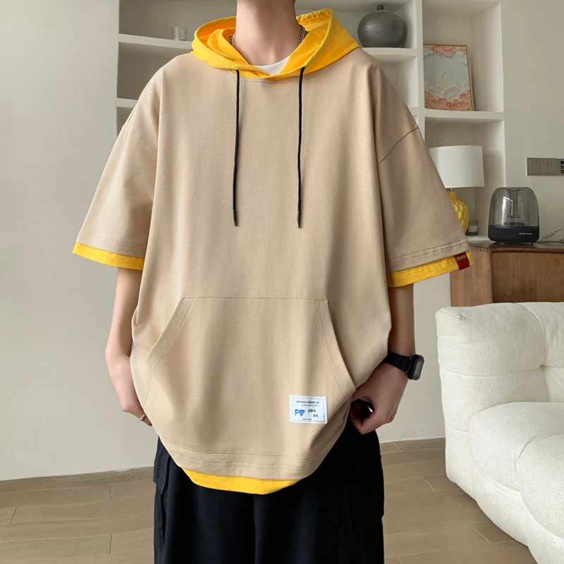 

Summer Men's New Fashion Pullovers Hong Kong Style Youthful Vitality Drawstring Spliced Pockets Hooded Casual Half Sleeve Tops