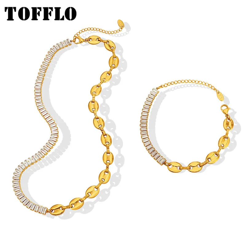 TOFFLO Stainless Steel Zircon Stitched Pig Nose Necklace Bracelet Women's Fashion Jewelry Set BSP196-E009
TOFFLO Stainless Steel Zircon Stitched Pig Nose Necklace Bracelet Women's Fashion Jewelry Set BSP196-E009