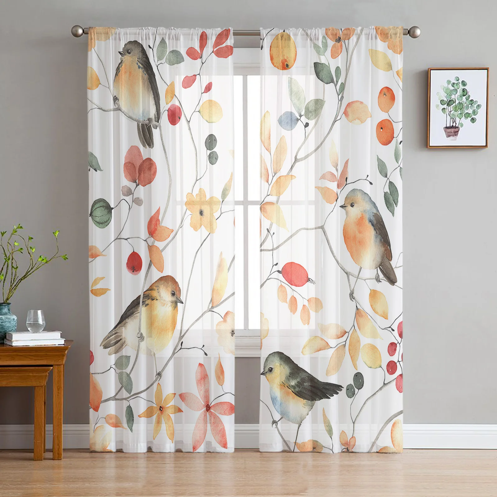 

Autumn Bird Flowers Tree Branches Sheer Curtains for Living Room Bedroom Tulle Curtain for Kitchen Voile Curtain Blind Panels