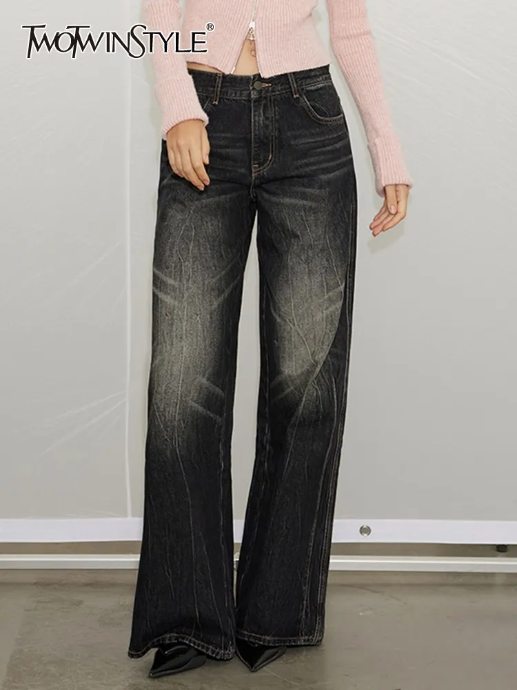 TWOTWINSTYLE Denim Wide Leg Pants For Women High Waist Patchwork Pocket Casual Loose Do Old Jeans Female Fashion Style Clothing
TWOTWINSTYLE Denim Wide Leg Pants For Women High Waist Patchwork Pocket Casual Loose Do Old Jeans Female Fashion Style Clothing