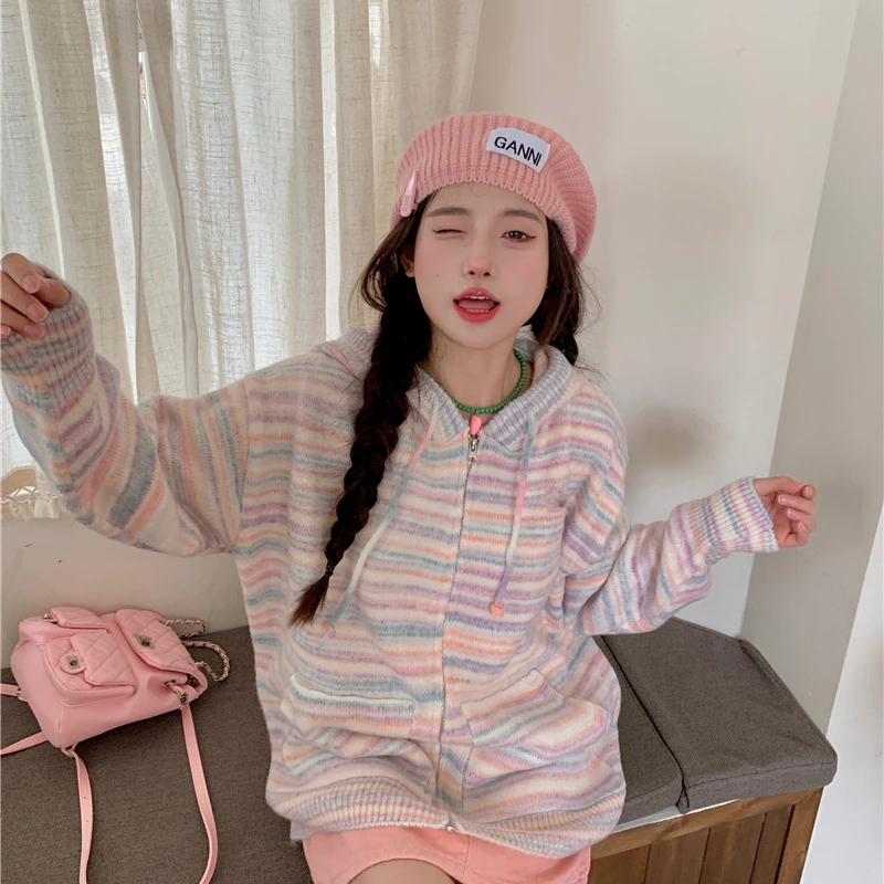 Autumn and Winter Cardigan Women Cute Colorful Striped Hooded Cardigan Knitted Tops Casual Sweet Versatile Jacket Sweater Female
Autumn and Winter Cardigan Women Cute Colorful Striped Hooded Cardigan Knitted Tops Casual Sweet Versatile Jacket Sweater Female