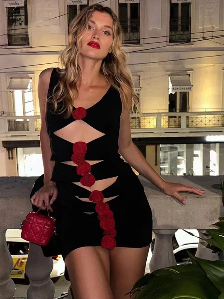 

DEIVE TEGER Cocktail Party Dresses For Women Sexy Nightclub Wear V-Neck Cutout Red 3D Flowers Black Tank Mini Woman Clothes