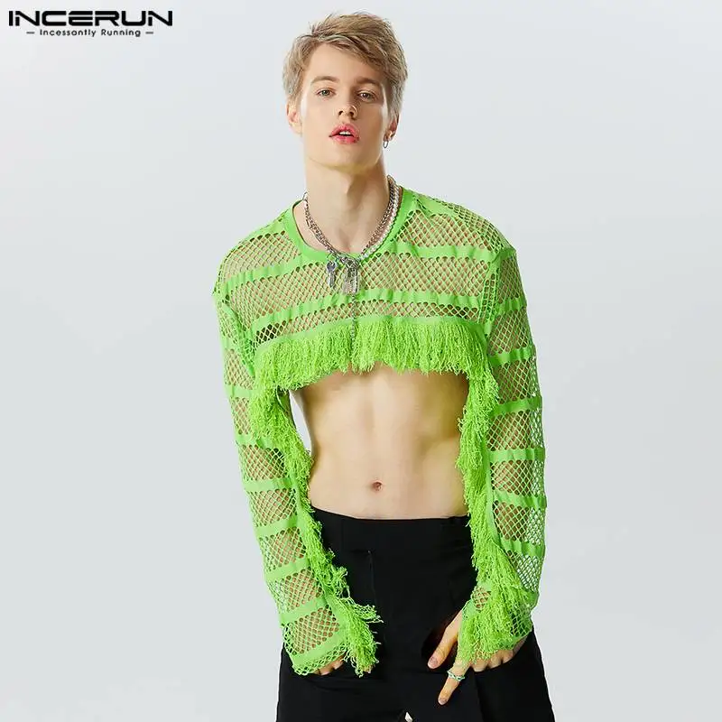 

Stylish Party Shows Style Tops INCERUN Men's Stripe See-through Mesh T-shirts Casual Cropped Tassel Long Sleeved Camiseta S-5XL