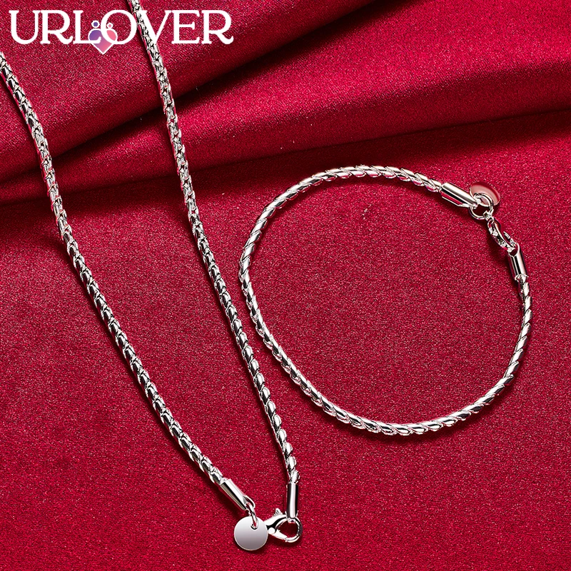 

URLOVER 2pcs/lot 925 Sterling Silver 3mm Snake Chain Necklace Bracelets Set For Woman Party Birthday Wedding Fashion Jewelry